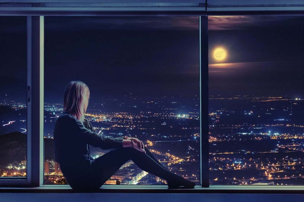 woman, sitting, window